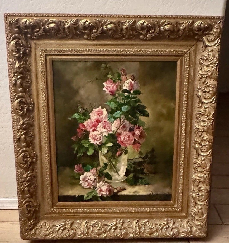 W. HONNER *GORGEOUS* STILL LIFE PINK ROSES IN A VASE – ORIGINAL OIL ON CANVAS