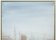 Vintage Robert Cummins Painting of Sailboats in European City Harbor 28 x 22″