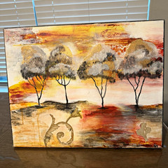 Abstract Landscape Canvas Painting with Trees & Sunset, Unframed Single Piece