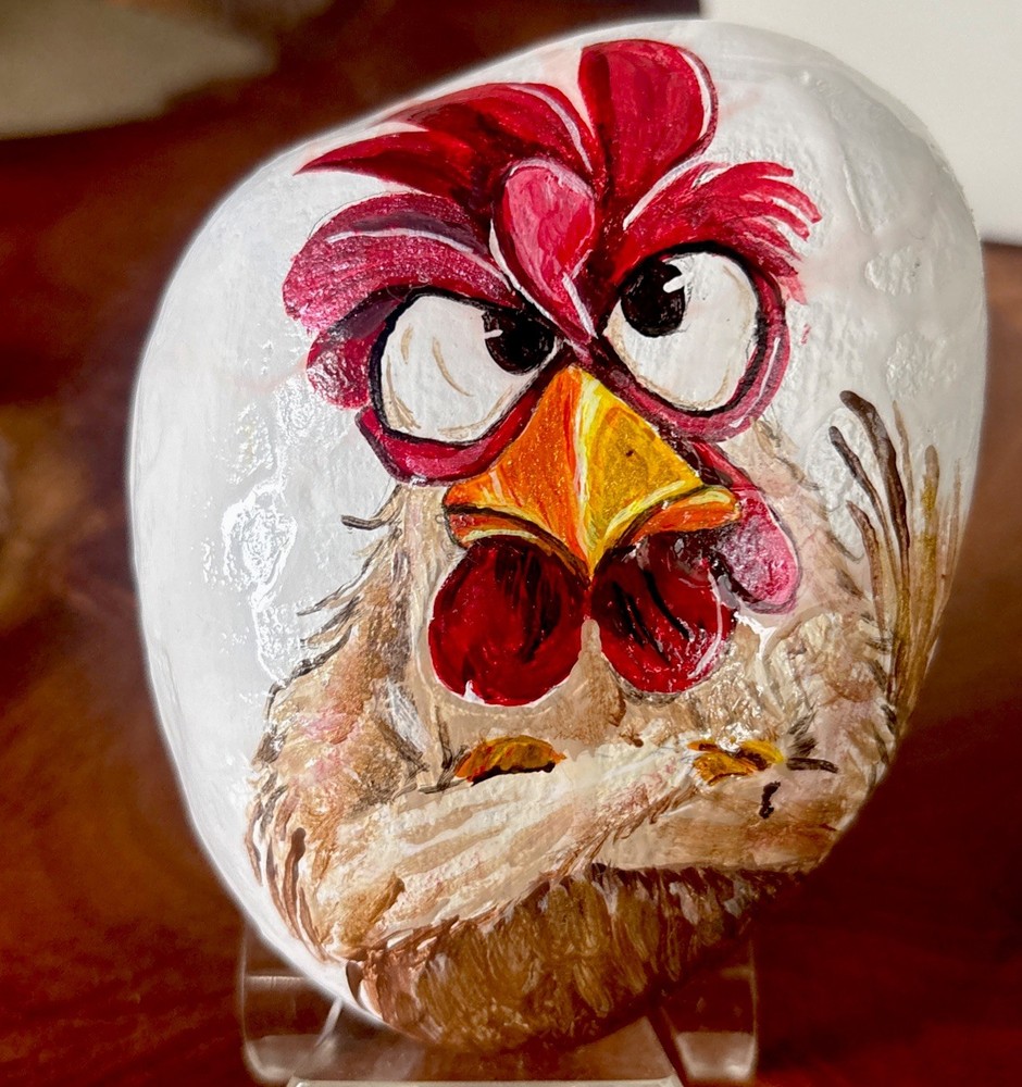 Hand Painted Rock „Grumpy Rooster” Garden Decor Art Collectible Gift