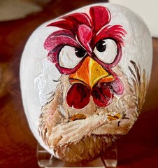 Hand Painted Rock „Grumpy Rooster” Garden Decor Art Collectible Gift