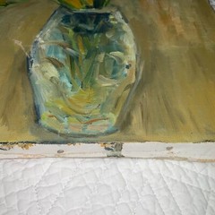 VINTAGE 40s yellow floral flower original hand painted oil PAINTING crocus vase