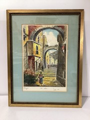 Bela Sziklay Hand Colored Etching Print ‘Napoli’ Framed Matted Signed