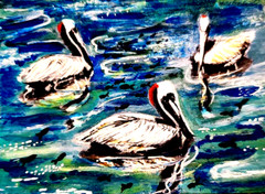 ORIGINAL ACEO PELICANS AND FISHES OCEAN BIRDS PAINTING BY LGARCIA