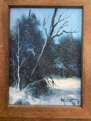 WINTER FOREST SCENE original oil on canvas Painting 15″ x 11″ 1981 + Wood Frame