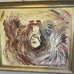 Vintage Kissing/Fighting Roosters Oil On Canvas 60s Spain Framed Art Signed mcm