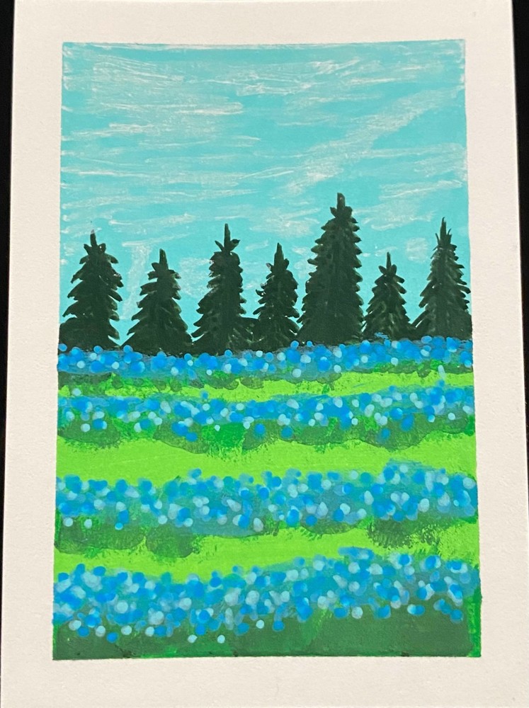 ACEO Original Blue Flowers Field Sky Miniature Painting Landscape OneCraftyLady