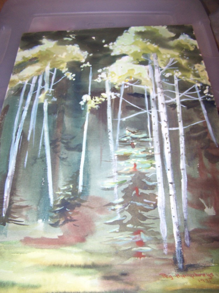 Signed Original Watercolor By Peg Humphreys, White Birch Trees in Forest 15″x22″