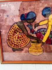 Vintage 1973 Malaysian Batik Painting Signed Village Women Rooter Folk Art Frame