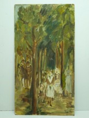 Vintage 1972 Signed Oil Painting, Figures in the Forest, Signed Ridi, 72 x 38 cm