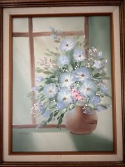 Acrylic on Canvas Original Painting Framed 23” x 19.5” Blue Flowers In Vase