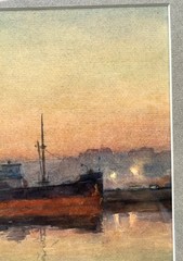 1939 Louis Feuchter Baltimore Maryland Harbor Scene with Masted Steam Ship WPA