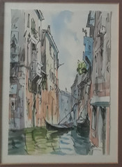 Watercolor & Ink on Paper, Venice Canal Signed Silver Framed with Brown Matting