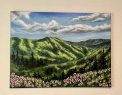 Realism Mountain Landscape Painting, Sky Clouds & Wildflowers, Unframed