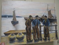 Three Traders in Vintage Hong Kong Port- Seascape Oil on Canvas 16×12″ signed