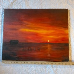 SUNSET seascape coast ocean original PAINTING by WP 83 orange hand painted