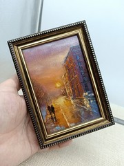 Cityscape Original Oil Painting 4×6 Framed Signed Rainy City Street People Art