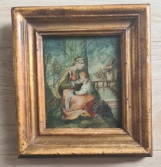 Antique French 1850s Religious Miniature Painting Madonna Child Gilt Frame