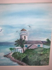 Vintage Lighthouse Ocean Watercolor Signed Framed 14 1/8”H x 17 1/8”W *No Glass