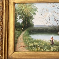 Pastoral Landscape Signed Oil Painting Serene Country Gold Gesso Frame 18×16