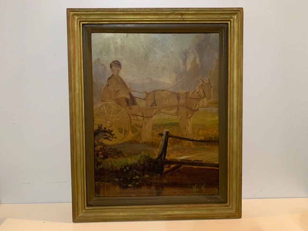 Antique Original Oil Painting on Board of Goat Pulling Child Farmer