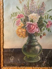 Stunning Antique „Still Live With Vase Of Flowers“ Oil Painting – Signed/Framed