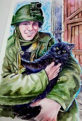 Ukrainian War Art, Soldier Woman and Cat, Watercolor Painting from Real Photo