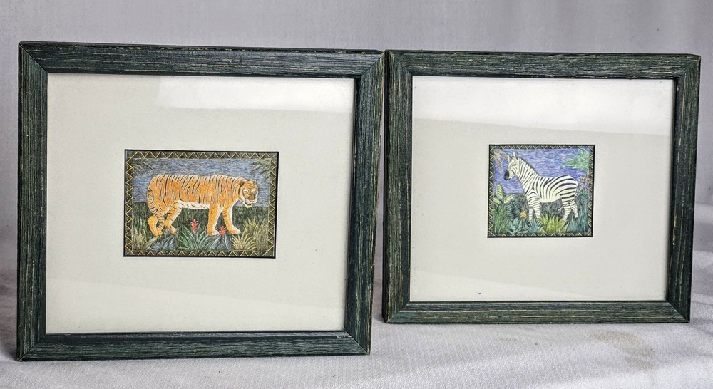 African Wildlife Framed Art (2) pieces Zebra Tiger Pier One Etching 8×7 each