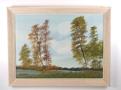 Antique Tree Lined Landscape Oil Painting Illegible Signature