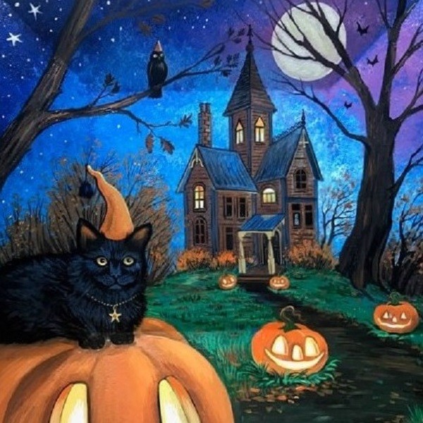 4X4 PRINT OF PAINTING RYTA HALLOWEEN FOLK OWL BLACK CAT WITCH HAUNTED HOUSE art