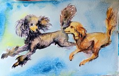 Original Watercolor poodles Playing dog art Signed Painting,dog lover gift 6×4″