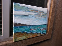 SUN SHORE SEA sail boat beach NEW wow 16×20 oil painting seascape cubism CROWELL