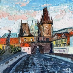Prague Painting Original Art Impasto Oil Painting Charles Bridge Art 7×7″ signed