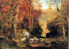 Oil Thomas Moran – Cresheim Glen, Wissahickon, Autumn landscape with creek art