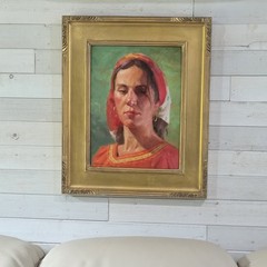 Original Oil Painting Ned Mueller Lady In Red 18.5″x 22.5″