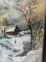 Antique „Figure And Home Landscape In Winter“ Watercolor Painting – Framed