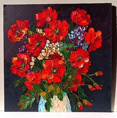Handmade original impasto flowers floral still life oil painting 11.8 by 11.8 in