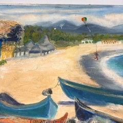 Vintage Seascape Oil Painting Boats Ocean Original Art 20×24 Canvas Unsigned