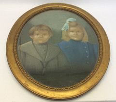 Vintage Pastel Portrait of Young Siblings – Oval Wood Framed Wall Art Painting