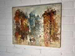 Vintage MCM Impressionist Cityscape Oil Painting by Edward Barton 16”x20” Signed