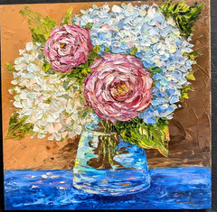 ORIGINAL Painting OIL impasto “ Hydrangea & ROSES in VASE“ 8″x8″ by Olga Diduh