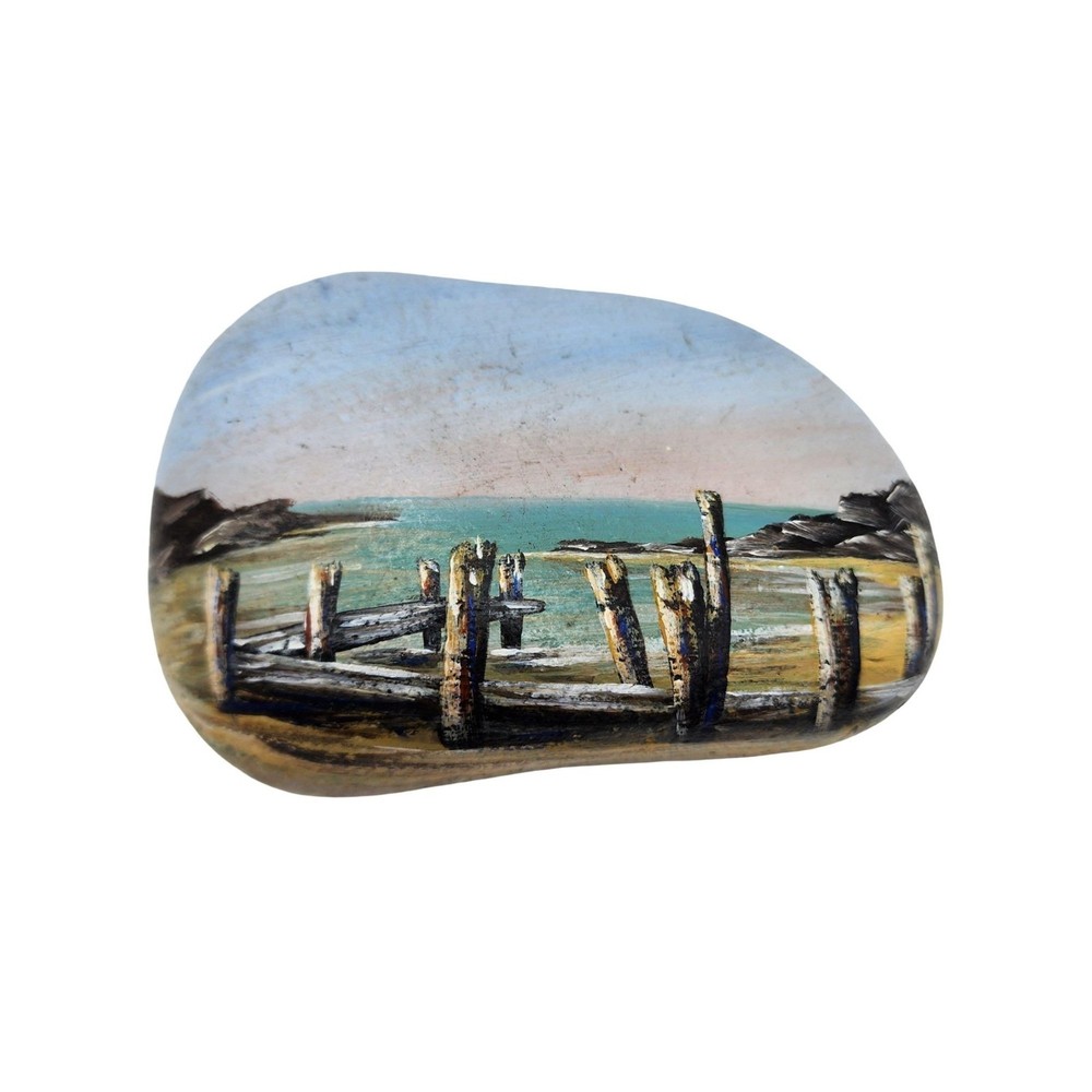 VTG Marvis Signed Ocean Beach Pier Sunset Seascape Hand Painted Rock Nautical