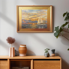 Signed Original Painting Impressionism Sunset Sky Yacht Seascape Art Handmade