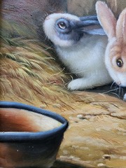 Vintage Oil Painting Two Rabbits with Framed Canvas Art Signed Gold Gild Frame
