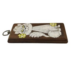 VTG Gloria De Biasi Cat Painting On Wood Wall Decor Yellow Flowers Signed