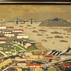 Marion Cunningham Framed Canvas Silk Screen Painting San Francisco Shipyard 1945