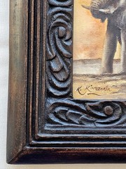 Kenyan Artist RICHARD KIMEMIA African Painting Elephant Family CARVED WOOD FRAME