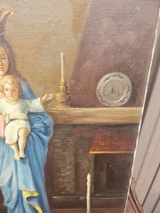 Vintage flemish school Madonna statue interior oil canvas painting signed
