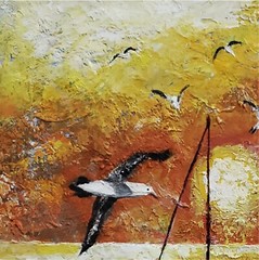 YARY DLUHOS Sunset Sea Ocean Sailboats Seagulls Summer Original Art Oil Painting