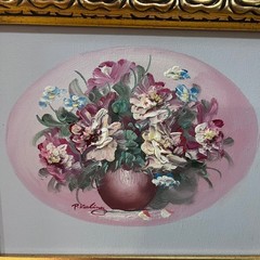 Vtg P. Keeling Signed Floral Oil Painting Impasto Peonies Gold Frame 12×10